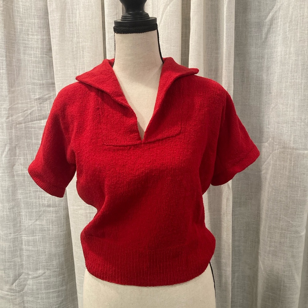 Vintage Knit Red Short Sleeve Collared Top